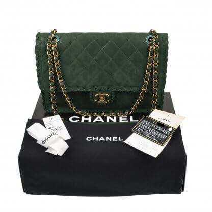 CHANEL Happy Stitch Jumbo Flap Bag Handtasche Dunkelgrün Nubuk Leder Second Hand 9