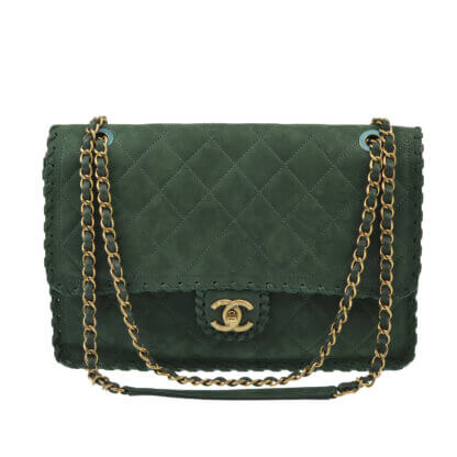 CHANEL Happy Stitch Jumbo Flap Bag Handtasche Dunkelgrün Nubuk Leder Second Hand 1