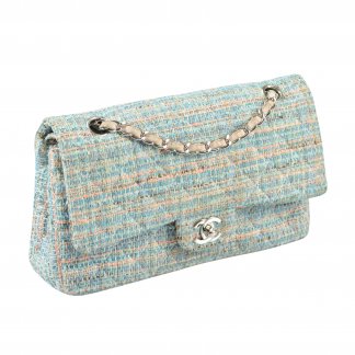 CHANEL Timeless Tweed Double Flap Bag Handtasche Hellblau Bunt Second Hand 2