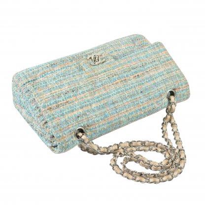 CHANEL Timeless Tweed Double Flap Bag Handtasche Hellblau Bunt Second Hand 6