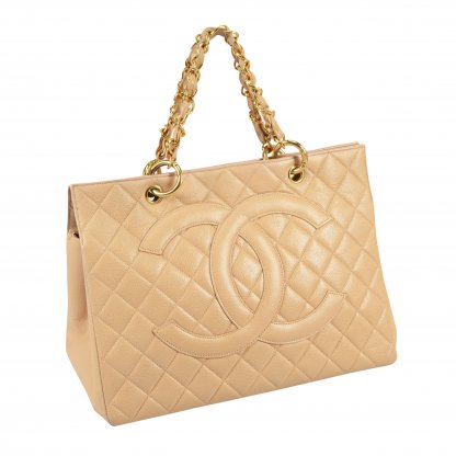 CHANEL GST Genarbtes Leder Beige Handtasche Second Hand 1