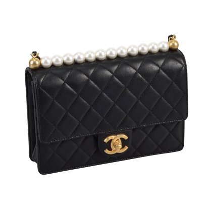 CHANEL Pearl Flap Bag Leder Handtasche Schwarz Second Hand 2