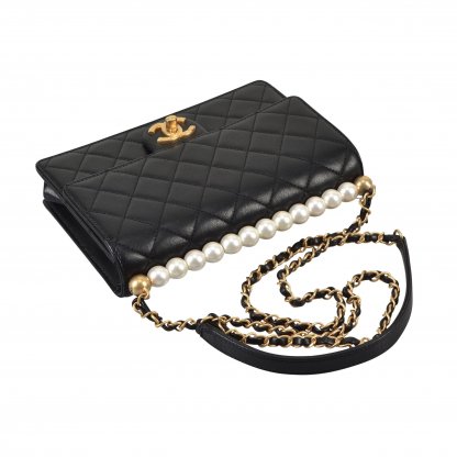 CHANEL Pearl Flap Bag Leder Handtasche Schwarz Second Hand 6