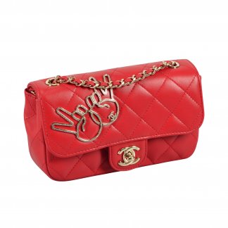 CHANEL Victory Peace Sign Emoij Mini Flap Bag Leder Handtasche Rot Second Hand 2