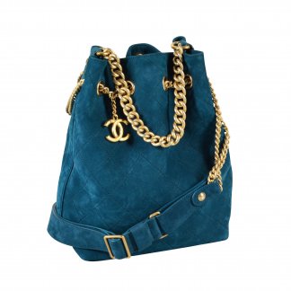 CHANEL On My Shoulder Small Drawstring Bag Leder Handtasche Blau Türkis Second Hand 2