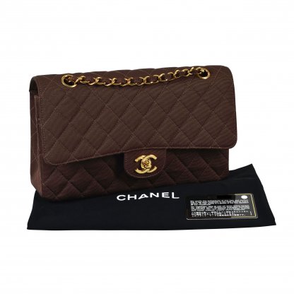 CHANEL Timeless Medium Jersey Double Flap Bag Klassische Handtasche Braun Second Hand 1