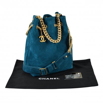 CHANEL On My Shoulder Small Drawstring Bag Leder Handtasche Blau Türkis Second Hand 1