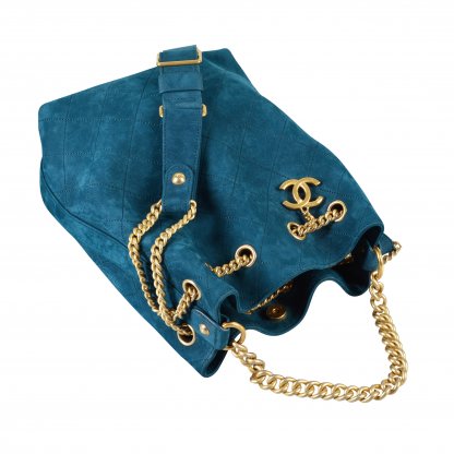 CHANEL On My Shoulder Small Drawstring Bag Leder Handtasche Blau Türkis Second Hand 6