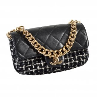 CHANEL Timeless Tweed Chain Flap Bag Schwarz Weiß Second Hand 14588 1