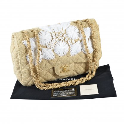 CHANEL Raffia Jumbo Flap Bag Classic Timeless Handtasche Beige Weiß Second Hand 14733 0