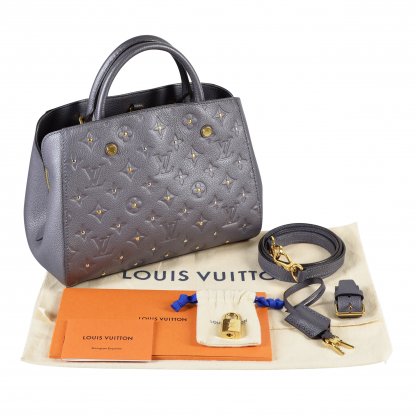 Louis Vuitton Studded Montaigne BB Monogram Empreinte Gris Leder Handtasche Grau Second Hand 14774 0