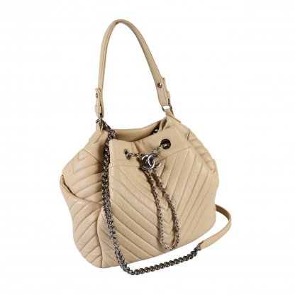 CHANEL Chain Bucket Bag Beige Leder Handtasche Second Hand 14995 1