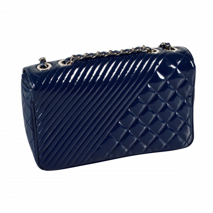 CHANEL Diamond Quilted Chevron Flap Bag Leder Handtasche Marineblau Second Hand 15904 2