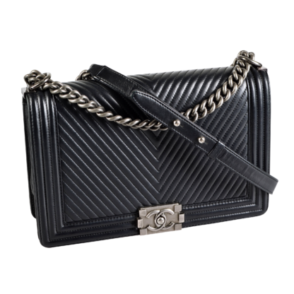 CHANEL Chevron Boy Bag Large Leder Handtasche Schwarz Second Hand 16751 1