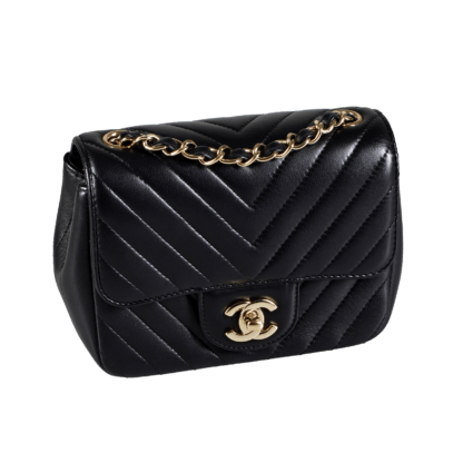 CHANEL Timeless Mini Square Chevron Flap Bag Leder Handtasche Schwarz Second Hand 1