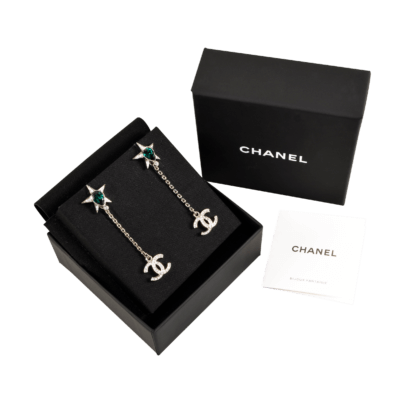 CHANEL 23P Crystal CC Star Ohrringe Silber Smaragd Second Hand 19304 0