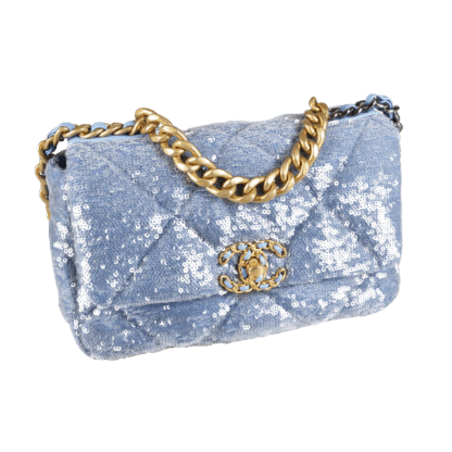 CHANEL 19 Sequin Flap Bag Handtasche Hellblau Second Hand 19542 2