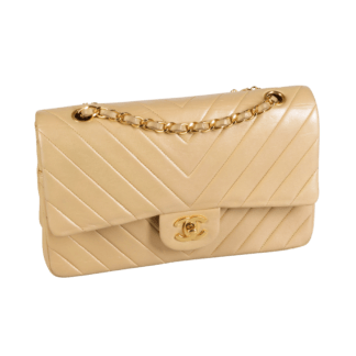 CHANEL Vintage Classic Chevron Medium Double Flap Bag Lammleder Handtasche Beige Second Hand 19509 0