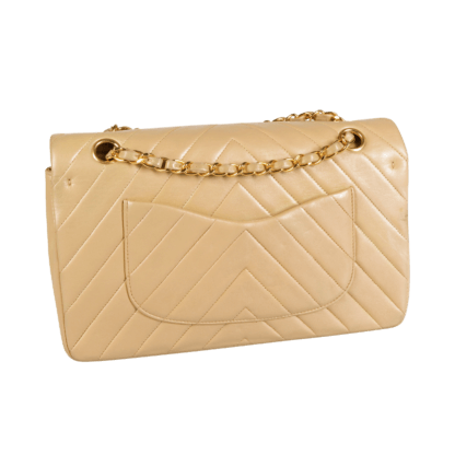 CHANEL Vintage Classic Chevron Medium Double Flap Bag Lammleder Handtasche Beige Second Hand 19509 00