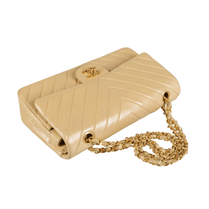 CHANEL Vintage Classic Chevron Medium Double Flap Bag Lammleder Handtasche Beige Second Hand 19509 14