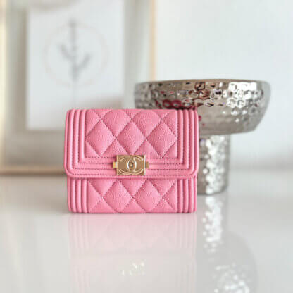 CHANEL Boy Snap Wallet Geldbörse Leder Rosa 20943 8