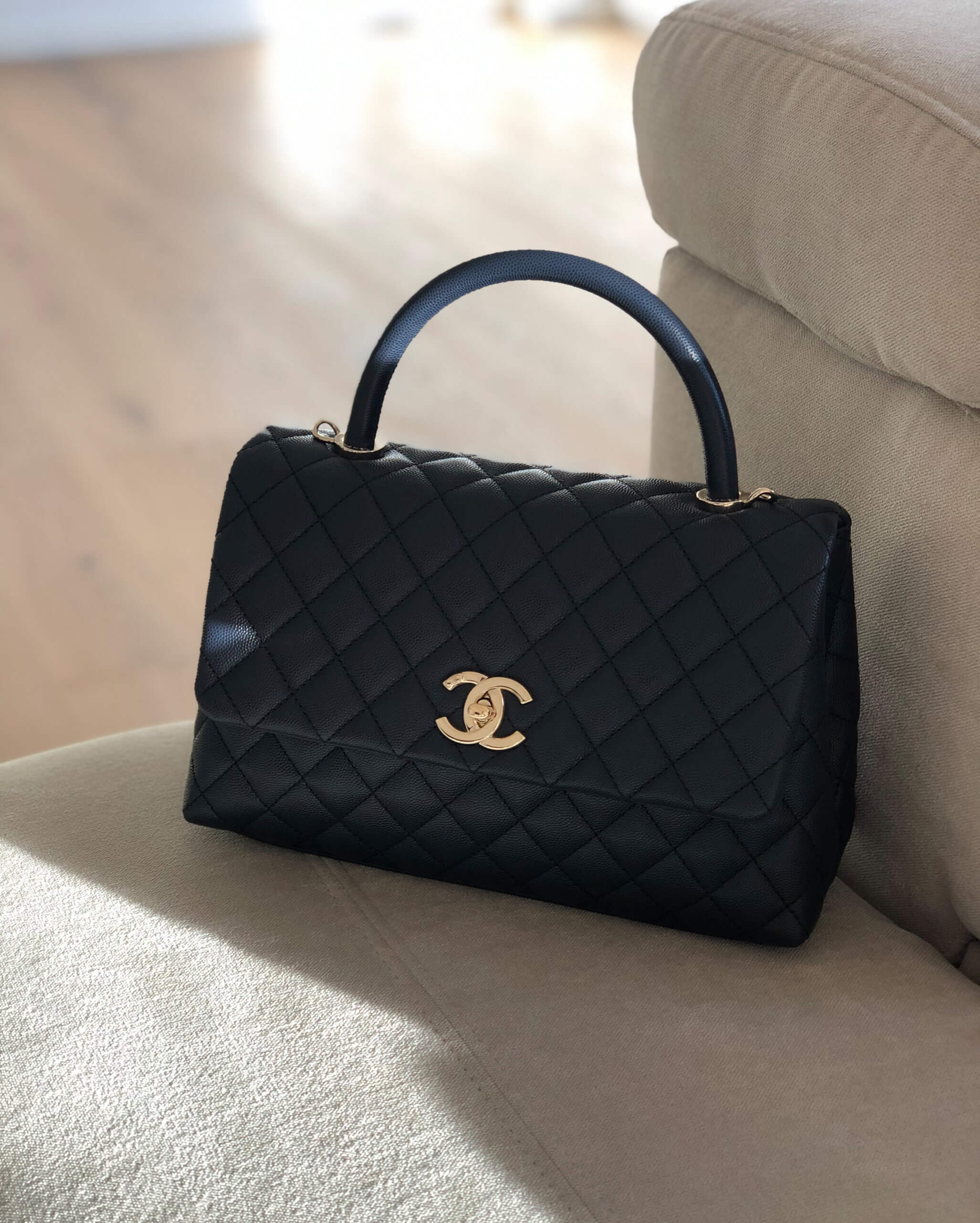 CHANEL Coco Top Handle Flap Bag Marine Light Gold Caviar Leather