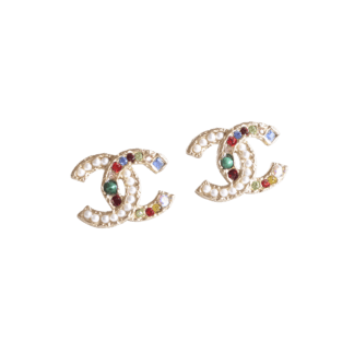 CHANEL 22S CC Earrings Ohrringe Pearl Crystal Gold Multicolor Second Hand 12514 2