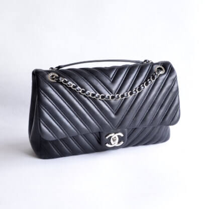 CHANEL Chevron Single Flap Bag Black Lambskin Leather Pre-Loved 125110 1