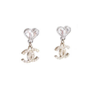 CHANEL 23S Crystal Heart CC Pendant Earrings Silver Gold Ohrringe Pre-Loved 225114 0