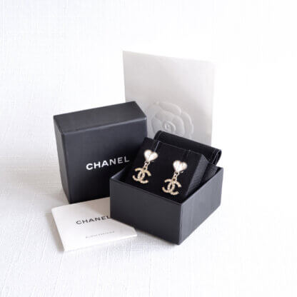 CHANEL 23S Crystal Heart CC Pendant Earrings Silver Gold Ohrringe Pre-Loved 225114 1