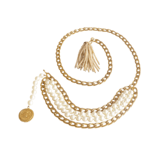 CHANEL Vintage Pearl Chain Tassel Gürtelkette Halskette Gold Pre-Loved 12511 0