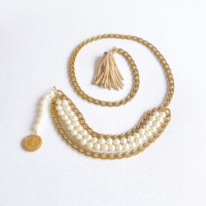 CHANEL Vintage Pearl Chain Tassel Gürtelkette Halskette Gold Pre-Loved 12511 1