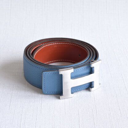 Hermès Vintage H Leder Gürtel 32 mm leather belt blue jean gold pre-loved 32533 0