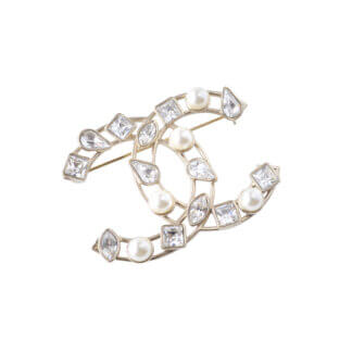 CHANEL 19K CC Crystal Pearl Brooch Brosche Hellgold Perlen Pre-Loved 1125147 0