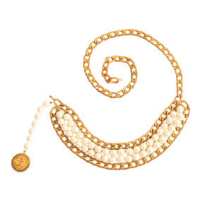 CHANEL Vintage Pearl Chain Belt Gürtelkette Gold Weiß Pre-Loved 12614 0
