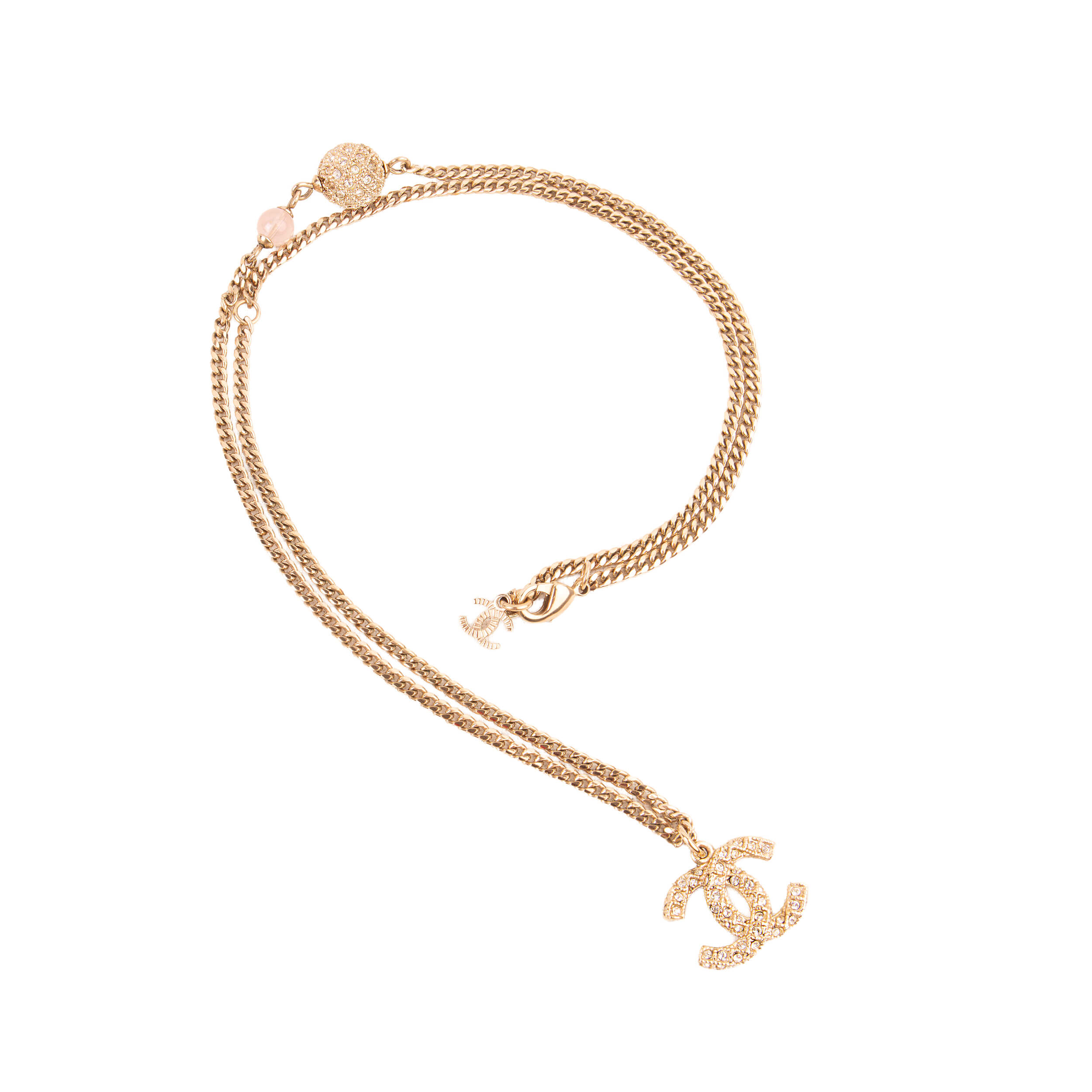 CHANEL 20K CC Pendant Necklace Halskette Gold Rosa Strass Pre-Loved 32618 0